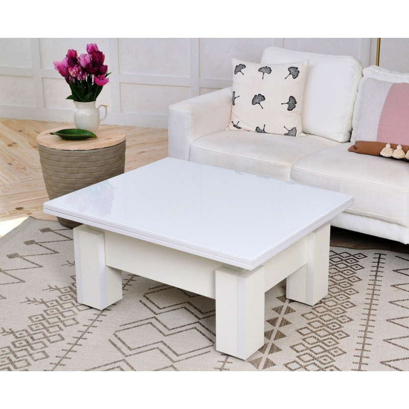 Білий стол-трансформер зі склом Лакобель “Оптимус“