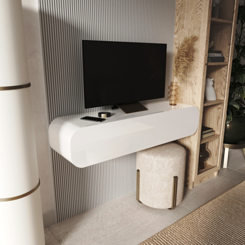 Біла глянсова підвісна Тумба ТВ “Колібрі“ з округленими краями