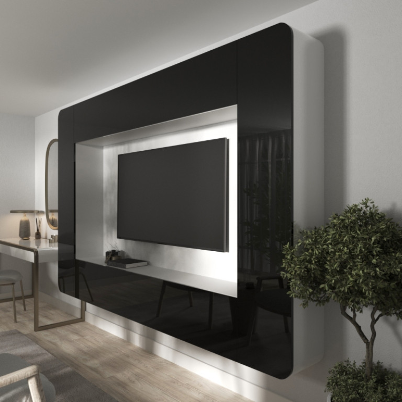 Підвісна гірка у вітальню “Портал“ 270х30х175h cm. Колір корпусу білий, фасад чорний глянець.