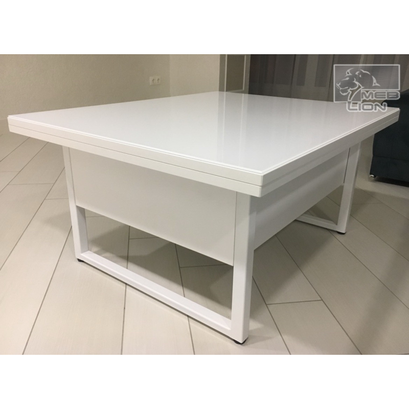 Білий стіл трансформер на металокаркасі зі склом “Лофт“ Білий стіл трансформер на металокаркасі зі склом “Лофт“